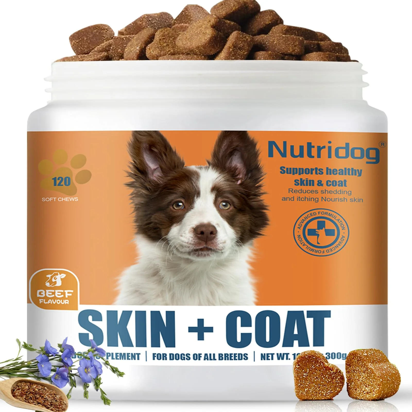 Easy-to-Use Nutridog Skin Coat for Dogs – Allergy Relief Beef Chews with Omega 3 9 Vitamin E Breathable