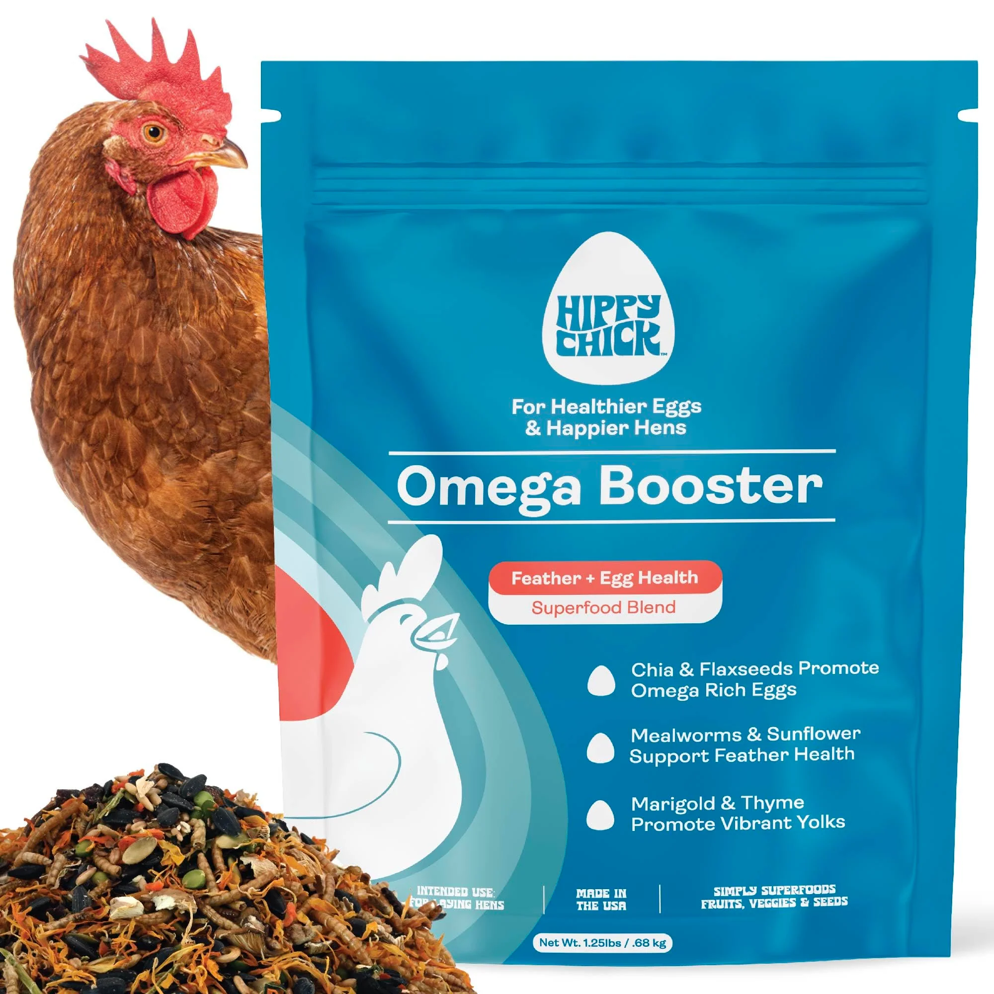 Long-Lasting Hippy Chick Omega Booster – Omega-3 Eggs Poultry Supplement for Laying Hens – 1.25 lb Bag Powerful