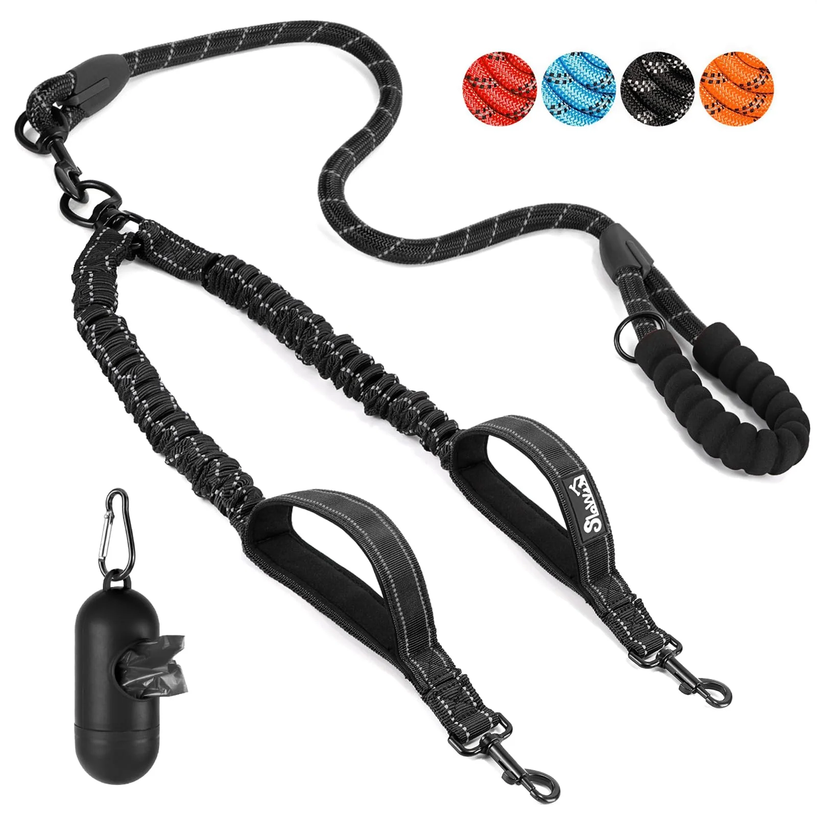 Soft SlowTon Double Leash for Two Dogs – No Tangle 360° Swivel Reflective Padded Handles 25–150 lbs Durable