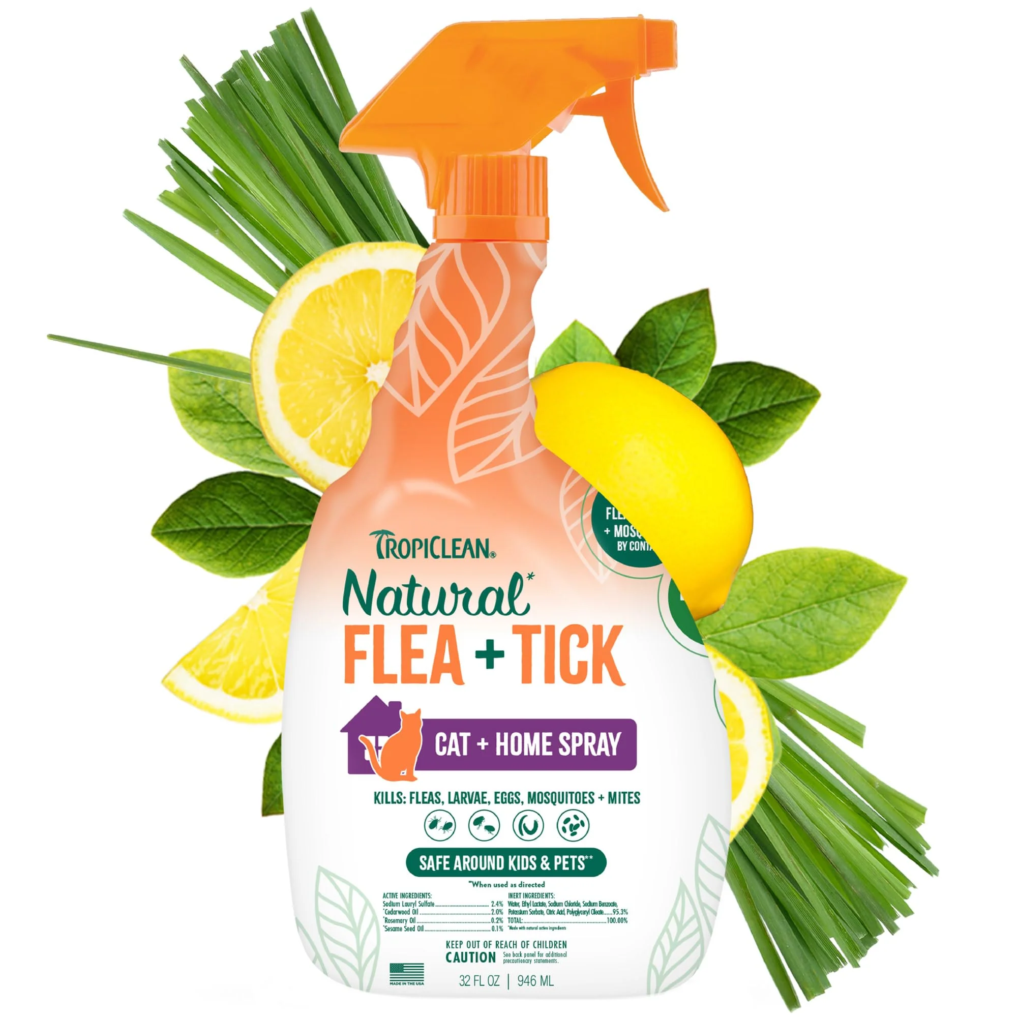 Breathable TropiClean Flea Tick Treatment Spray for Cats Home – Safe Natural Defense USA Made 32oz High-Performance