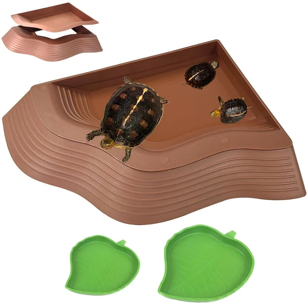 Classic YUEMOOLIX 3 Pcs Large Tortoise Water Dish Set with Ramp and Leaf Bowls – Reptile Bathing Feeding Accessories Casual