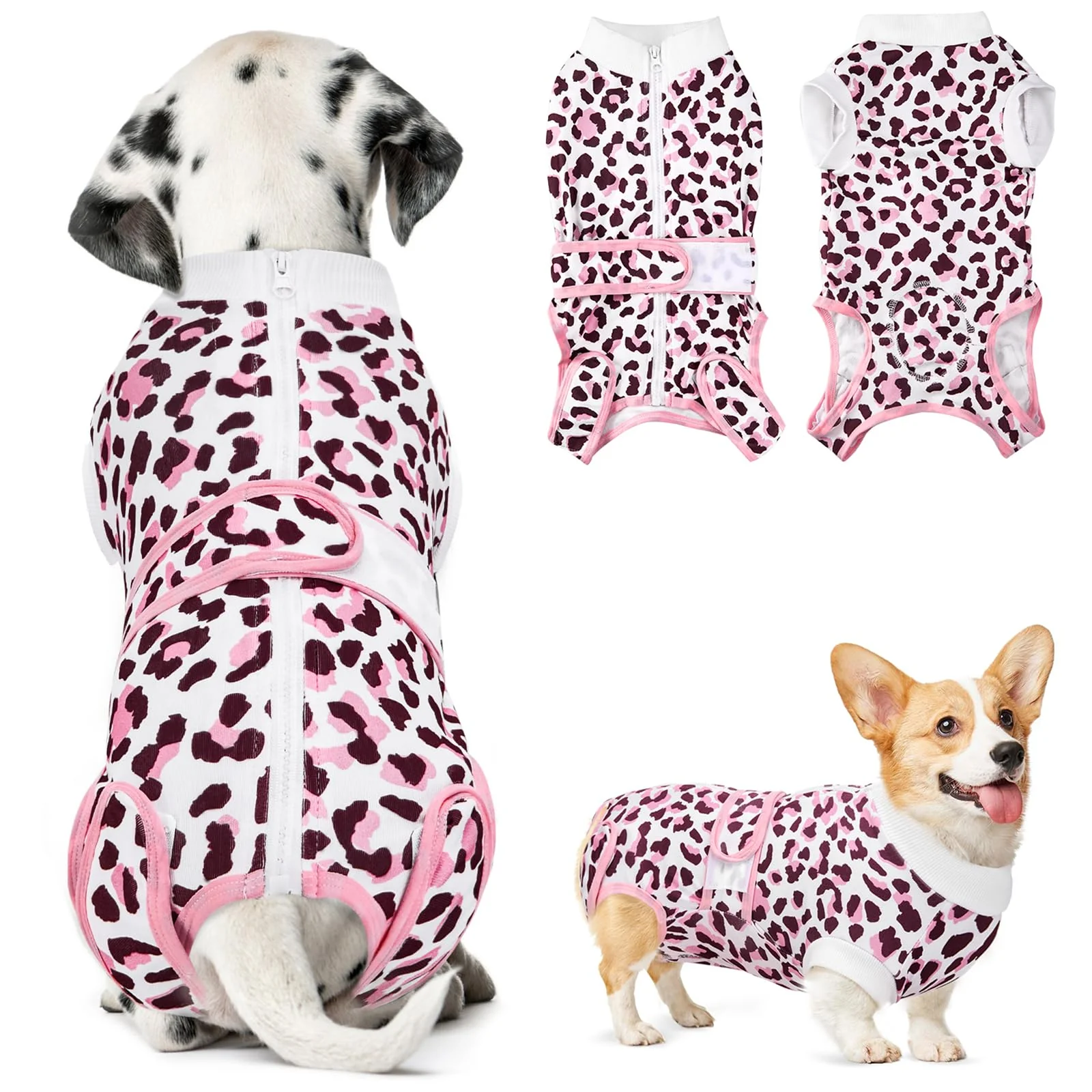 Casual SlowTon Recovery Suit for Dogs – Back Zipper Post-Surgery Wear Pink Leopard L Prestigious