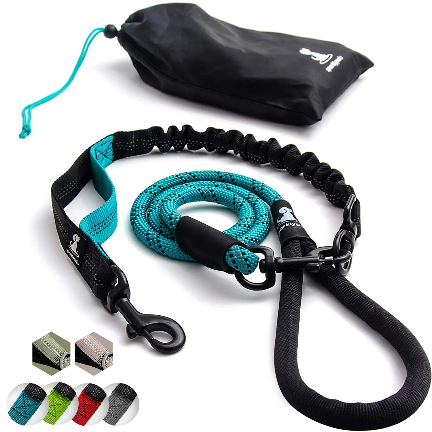 Superior SparklyPets Heavy Duty Rope Bungee Leash for Large Medium Dogs – Anti-Pull Shock Absorbing Reflective 5.5 ft Teal Stylish