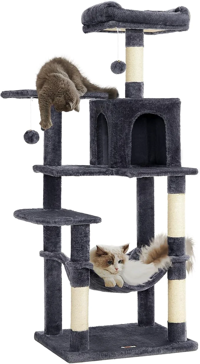 Versatile Feandrea Cat Tree 55.1-Inch Cat Tower Plush Multi-Level Condo Clean