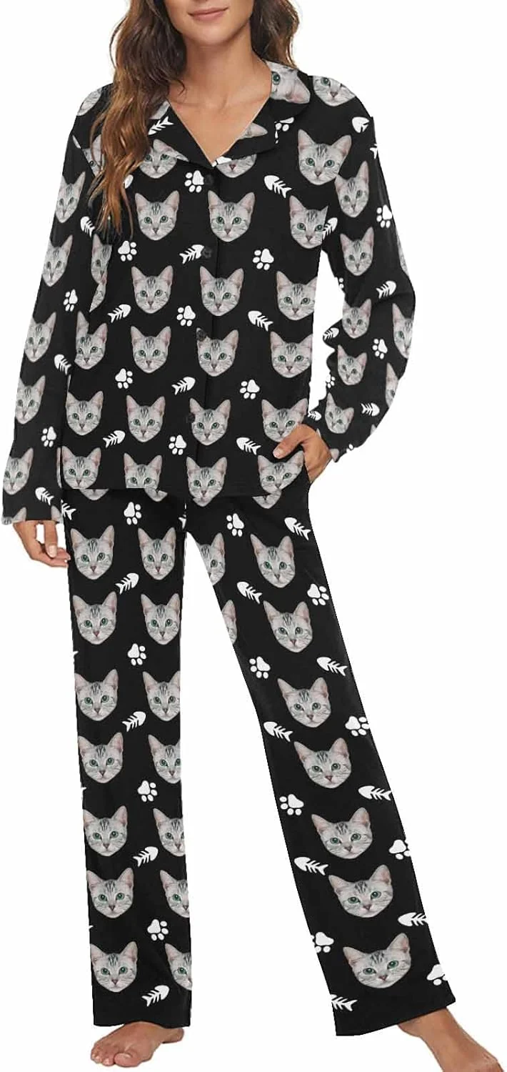 Lightweight MyPupSocks Custom Face Pajamas for Women Set Personalized Photo Long Sleepwear XS-XXL Carefully Designed