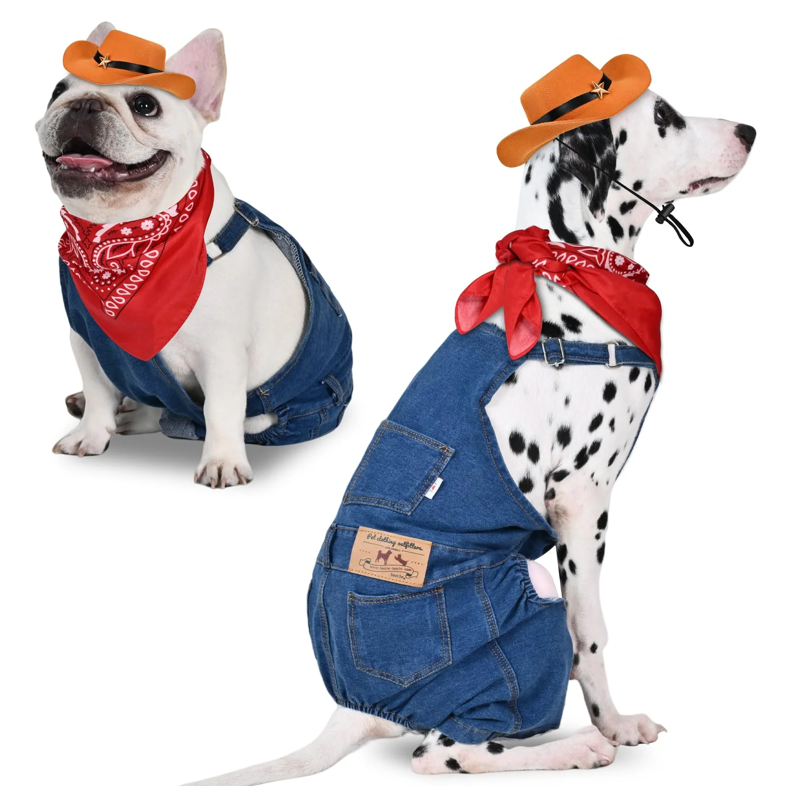 Easy-to-Use Inanil Dog Denim Overalls with Cowboy Hat Bandana – Adjustable Puppy Costume Comfortable