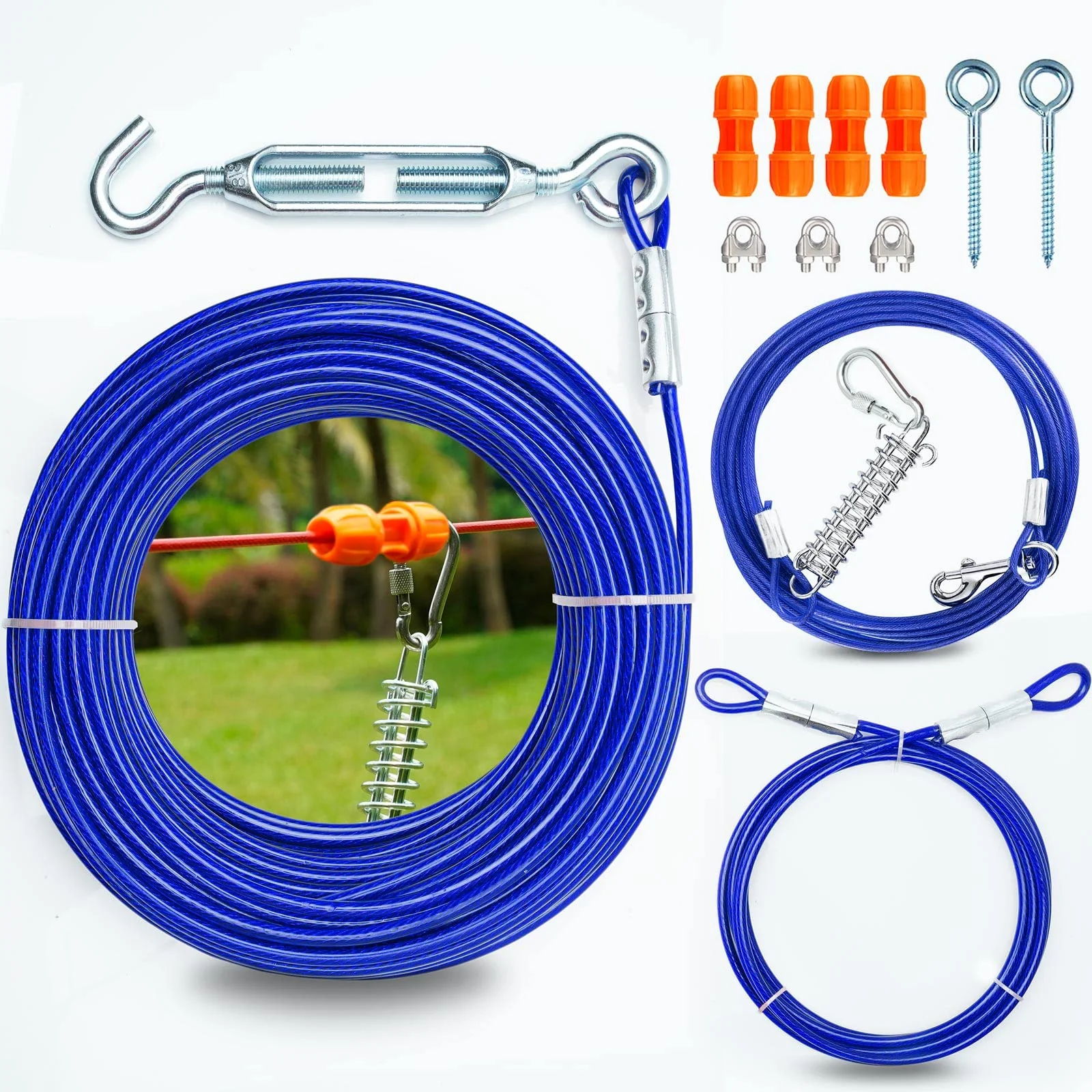 Healthy Pestairs Patented Heavy Duty Dog Tie Out Zipline — 75ft Aerial System 125 lb Capacity Advanced