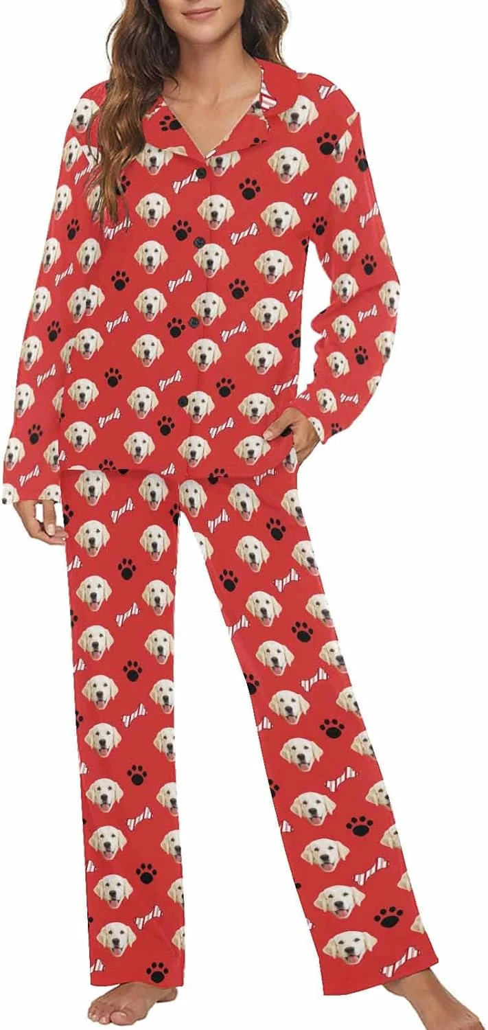 High-Grade MyPupSocks Custom Face Pajamas for Women Set Personalized Photo Long Sleepwear XS-XXL Trendy
