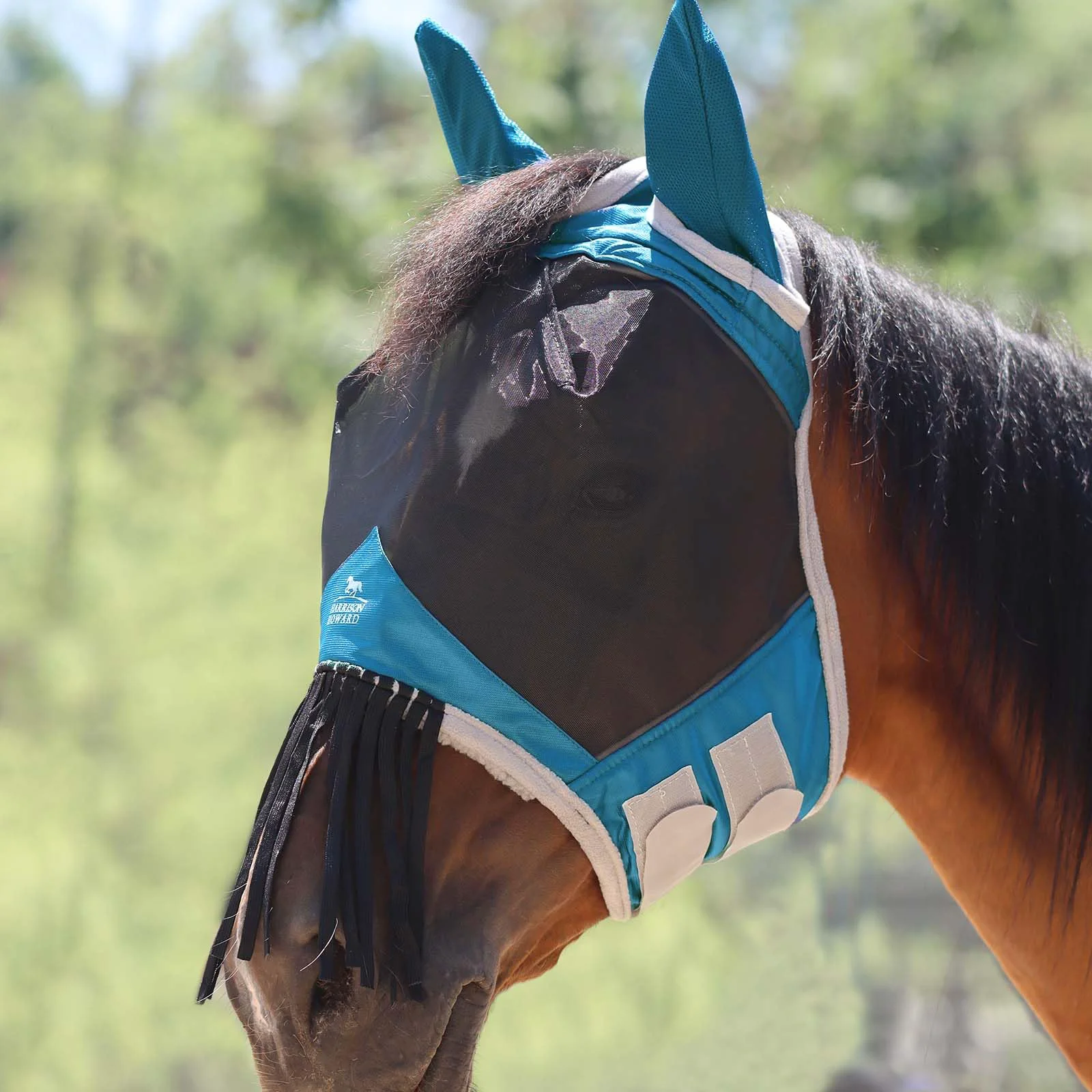 Reliable Harrison Howard CareMaster Horse Fly Mask with Ears and Nose Fringe – Sky Blue Full Size Innovative