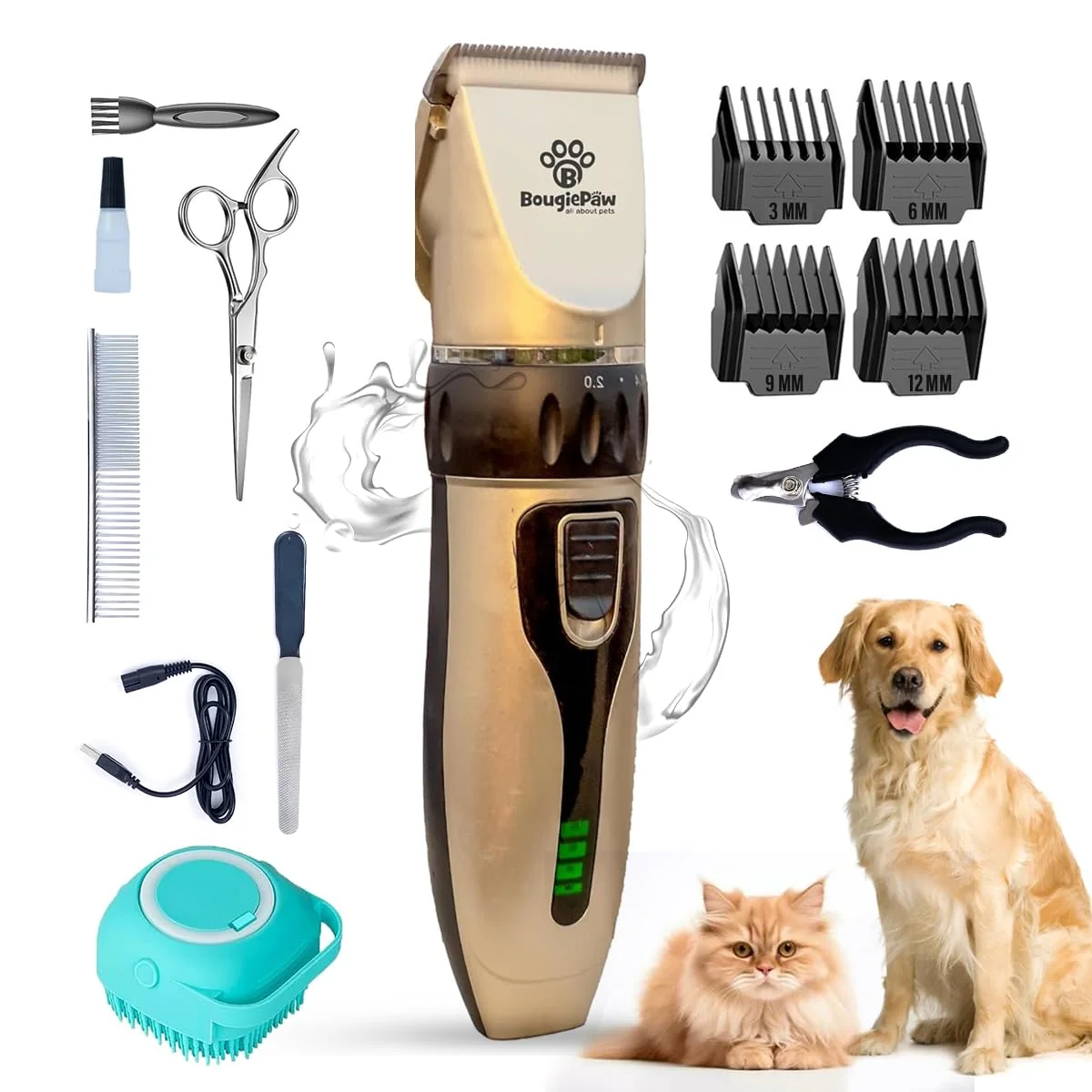 Fine Crafted BougiePaw Grooming Kit for Dogs at Home – Cordless Low-Noise Clippers Bath Brush Authentic