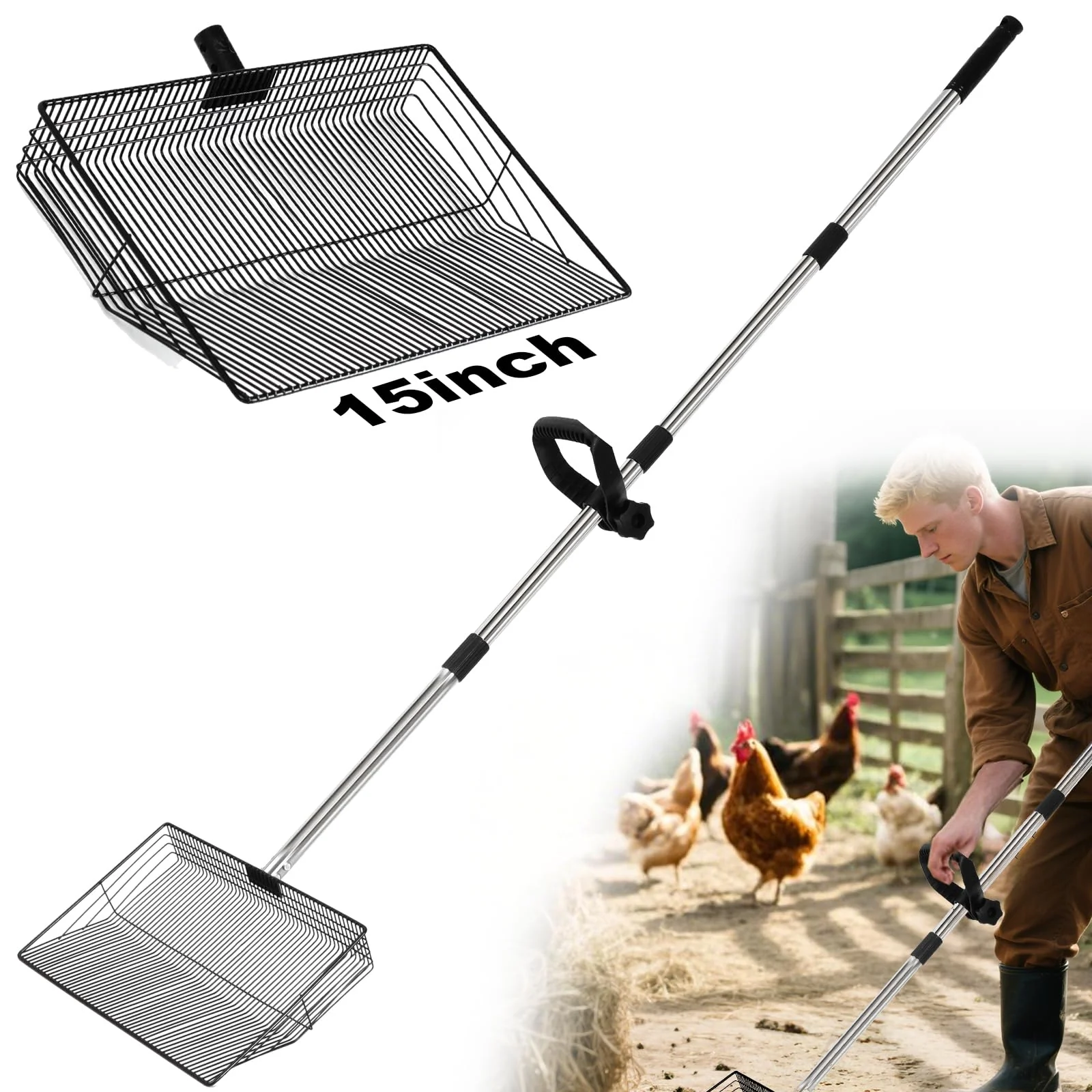 Safe YUMEKA 15-inch Chicken Poop Scooper 3-in-1 Detachable Stainless Steel Coop Cleaning Tool 38-64 in Excellent