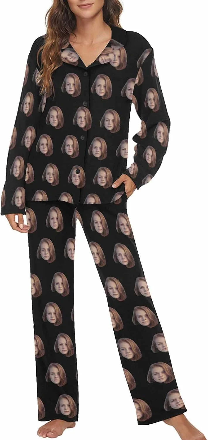 Durable MyPupSocks Custom Face Pajamas for Women Set Personalized Photo Long Sleepwear XS-XXL Authentic
