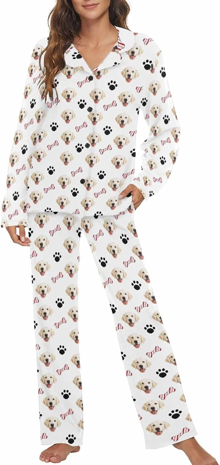 Trendy MyPupSocks Custom Face Pajamas for Women Set Personalized Photo Long Sleepwear XS-XXL Convenient