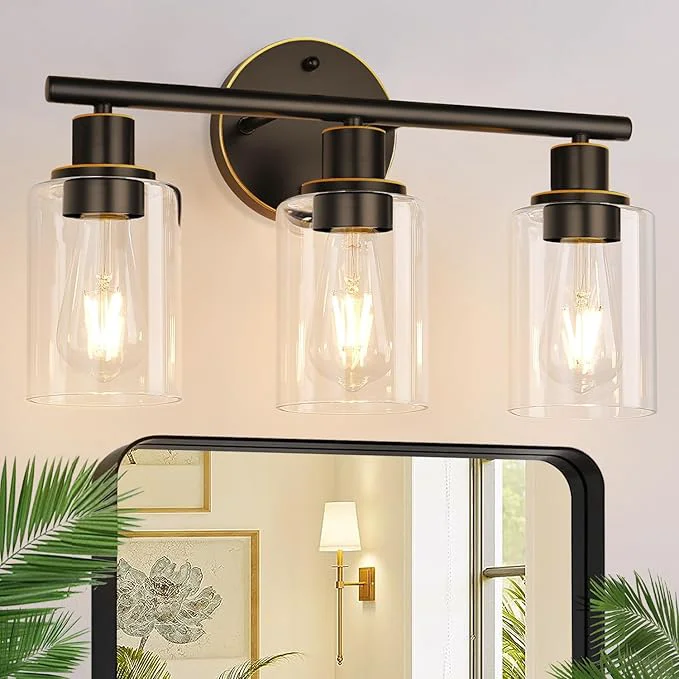 Genuine 3-Light Bathroom Light Fixtures Brown and Gold Bathroom Wall Lights Modern Vanity Light with Clear Glass Shade Bathroom Wall Lamp for Mirror Hallway CabinetAbout ThisOverview Outstanding
