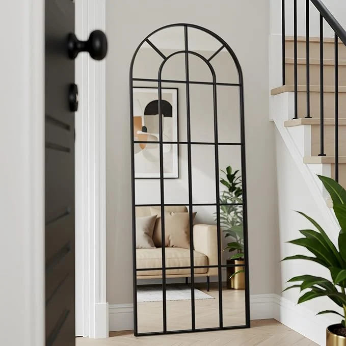 High-Performance Arched Windowpane Mirror Full Length 71 x30 Wall Mounted Black Art Pane Farmhouse Decorative Floor Mirror Leaning Hanging Wall Mirror for Bedroom Living Room EntranceAbout ThisOverview Official