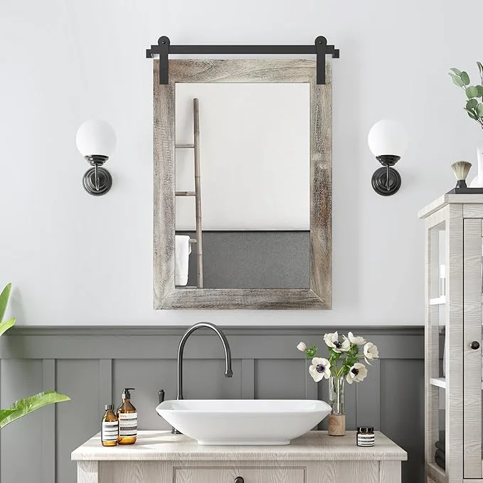 Outstanding COGOOD Farmhouse Barn Door Mirror - 21 x 30 Rustic Wood Framed Wall Mirror for Bathroom Living Room Entryway Wall Decor Yellow White About ThisOverview Eco-Friendly