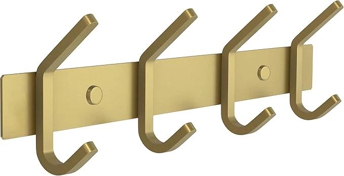 Solid Brushed Gold Wall Mounted Coat Rack – 12 Inch Stainless Steel Rail with 4 Double Coat Hooks for Entryway Bathroom Bedroom Kitchen – Modern Gold Hook Rack for Coats Hats TowelsAbout ThisOverview Advanced