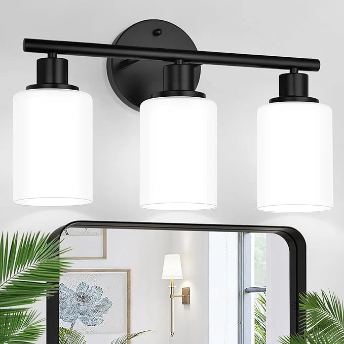 Proven 3-Light Bathroom Light Fixtures Black Modern Vanity Lights with Milky White Frosted Glass Shades Bathroom Wall Lamp for Mirror Kitchen Living Room Hallway Cabinet PorchAbout ThisOverview High-Performance