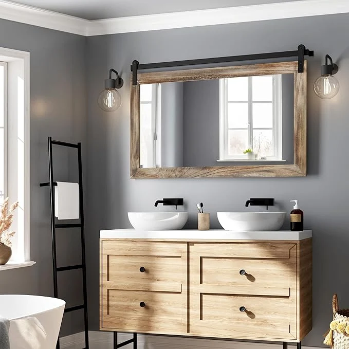 Official COGOOD Farmhouse Barn Door Mirror - 41 x 26 Rustic Wood Framed Wall Mirror for Bathroom Living Room Entryway Wall Decor Striped Brown About ThisOverview Relaxed