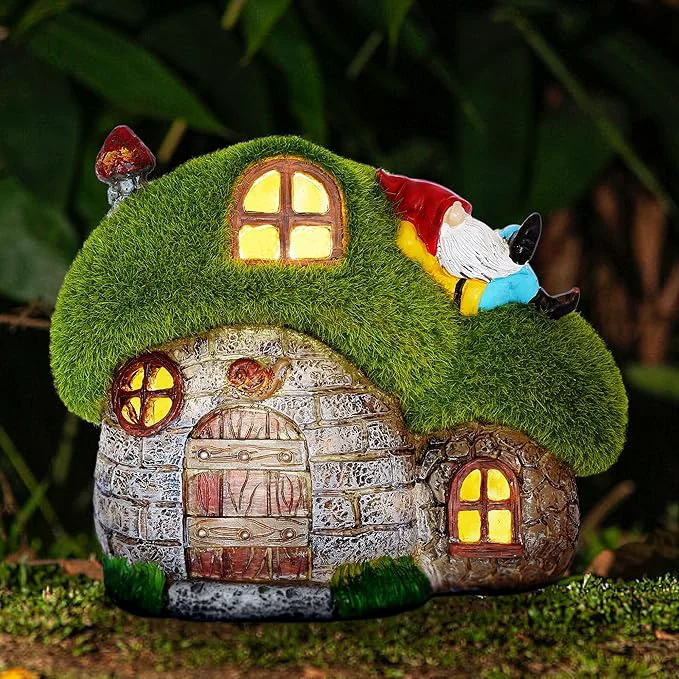 Premium ILLUMINEW House Garden Statues with Solar Lights LED Cute Flocked Fairy House with Gnomes Garden Figurine Outdoor Patio Yard Lawn Decorations GiftAbout ThisOverview Casual