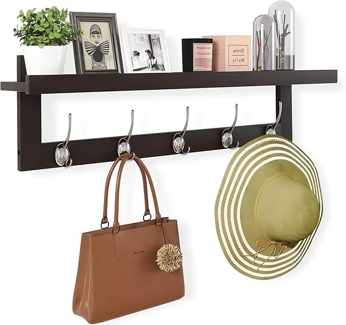 Certified SMIBUY Coat Hooks with Shelf Wall-Mounted 29.2 Inch Entryway Coat Rack for Wall Bamboo Hanging Shelf with 5 Double Metal Hooks for Bathroom Bedroom Kitchen Living Room Mudroom Dark Brown About ThisOverview Green