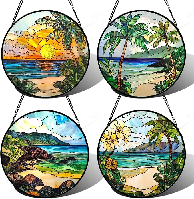 Versatile Stained Glass Window Hanging 4 Pcs Set Blue Ocean Coconut Tree Scenery 7.8 - Suncatcher Door Garden Sun Catcher Decor Birthday Christmas for Mom Woman Nana MenAbout This Minimalist