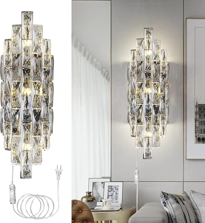 Practical Modern Plug in Wall Sconce Crystal Wall Sconces Indoor Wall Lamp for Bedroom Chrome Light Fixture with Plug in Switch Vanity Wall Mount Lamps for Living Room Bedroom Bathroom Bedside HallwayAbout ThisOverview Consistent