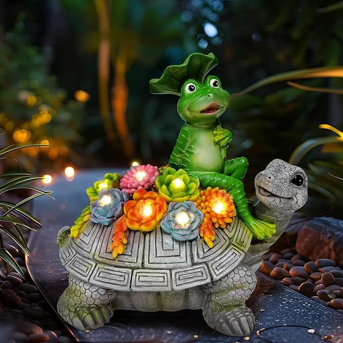First-Class ILLUMINEW Solar Garden Outdoor Statues Turtle Frog with Succulent and 8 LED Lights Turtle Carrying Lotus Leaf Frog Figurines Lawn Decorations for Patio Yard Gifts for Mom Grandma HousewarmingAbout ThisOverview Easy-to-Use
