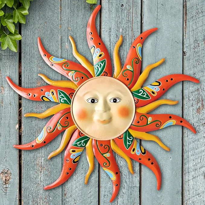 Crafted Metal Sun Wall Art Decor 17.3Inches Sun Face Garden Sculptures Statues Wall Art Decorations for Indoor and Outdoor Room Garden Porch Fence Balcony Patio DecorAbout This Premium