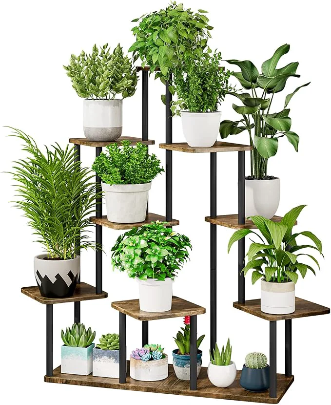 Contemporary AZERPIAN Plant Stand 9 Tier Indoor Metal Flower Shelf for Multiple Plants Corner Tall Flower Holders for Patio Garden Living Room Balcony Bedroom Black Rustic BrownAbout ThisOverview High-Grade