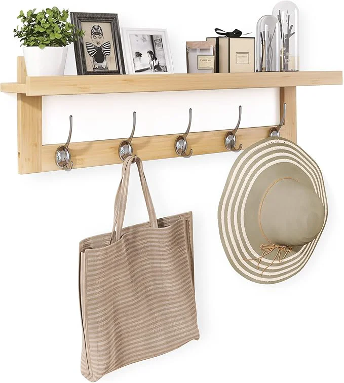 Traditional SMIBUY Coat Hooks with Shelf Wall-Mounted 29.2 Inch Entryway Coat Rack for Wall Bamboo Hanging Shelf with 5 Double Metal Hooks for Bathroom Bedroom Kitchen Living Room Mudroom Natural About ThisOverview Convenient
