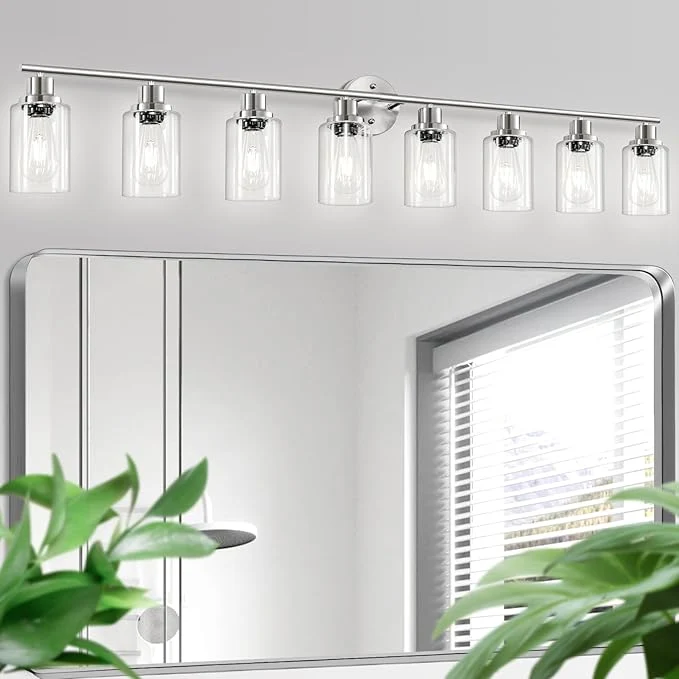 Enhanced 8-Light Brushed Nickel Vanity Lights Modern Bathroom Light Fixtures with Clear Glass Shade Wall Lamps for Mirror Kitchen Hallway Cabinet Living Room Sconces Lights - E26About ThisOverview Consistent