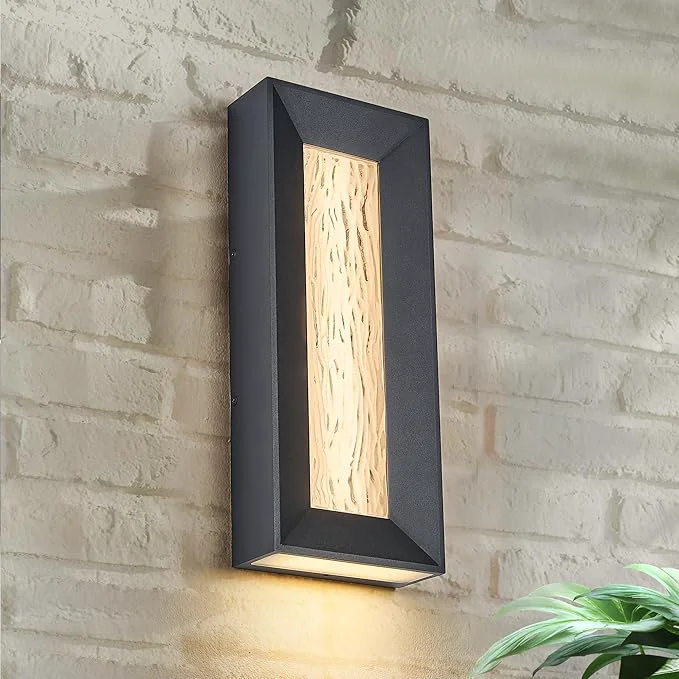 Casual Modern 15in LED Outdoor or Indoor Wall Light with Cast Art Glass Integrated LED 18.5W 3000K IP65 Waterproof Aluminum Extrusions in Textured Black Wall Mount for Patio Entryway GarageAbout ThisOverview Efficient