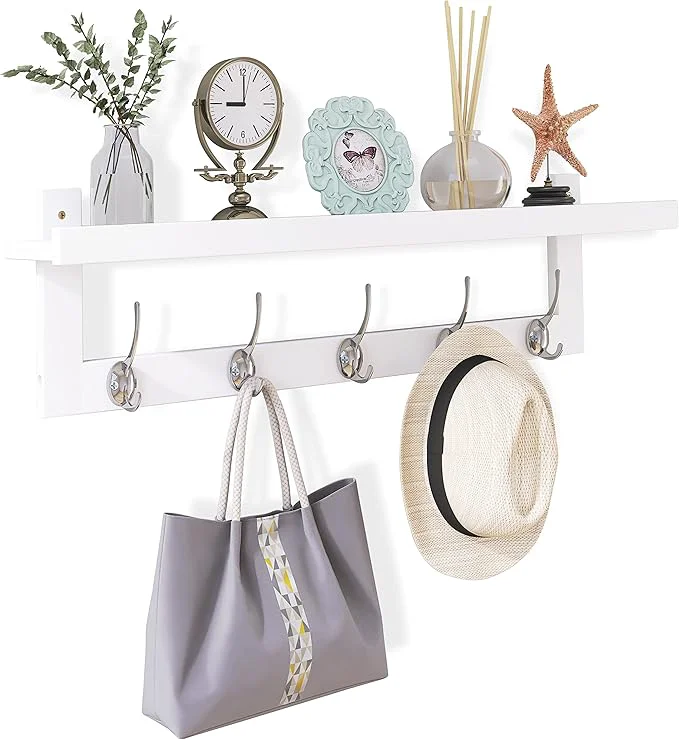 Enhanced SMIBUY Coat Hooks with Shelf Wall-Mounted 29.2 Inch Entryway Coat Rack for Wall Bamboo Hanging Shelf with 5 Double Metal Hooks for Bathroom Bedroom Kitchen Living Room Mudroom White About ThisOverview World-Class