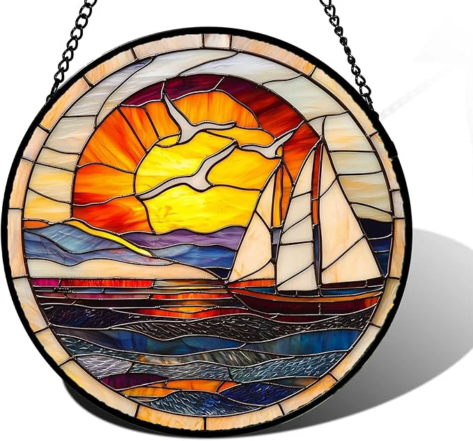 Innovative Stained Glass Window Hanging Sun Ocean Sailboat Seagull Abstract Suncatcher Diamond Glass Panel Sun Catchers Decor for Birthday for Women Men Wife Aunt and Mom 7.8 inAbout This Safe