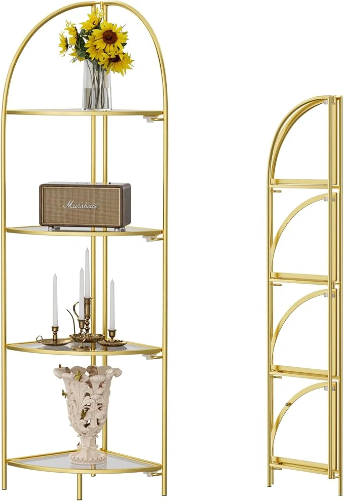 Certified Crofy Foldable 4 Tier Corner Shelf Metal Corner Plant Stand with Gold Frame and Transparent Shelves Corner Display Rack Multipurpose Shelving Unit for Living Room Bedroom BathroomAbout ThisOverview Recyclable