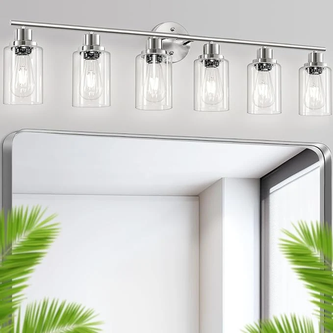 Reusable 6-Light Nickel Bathroom Vanity Lights E26 Modern Bathroom Light Fixtures with Clear Glass Shade Wall Lamps for Mirror Hallway Kitchen Cabinet Living Room Sconces LightsAbout ThisOverview Effective