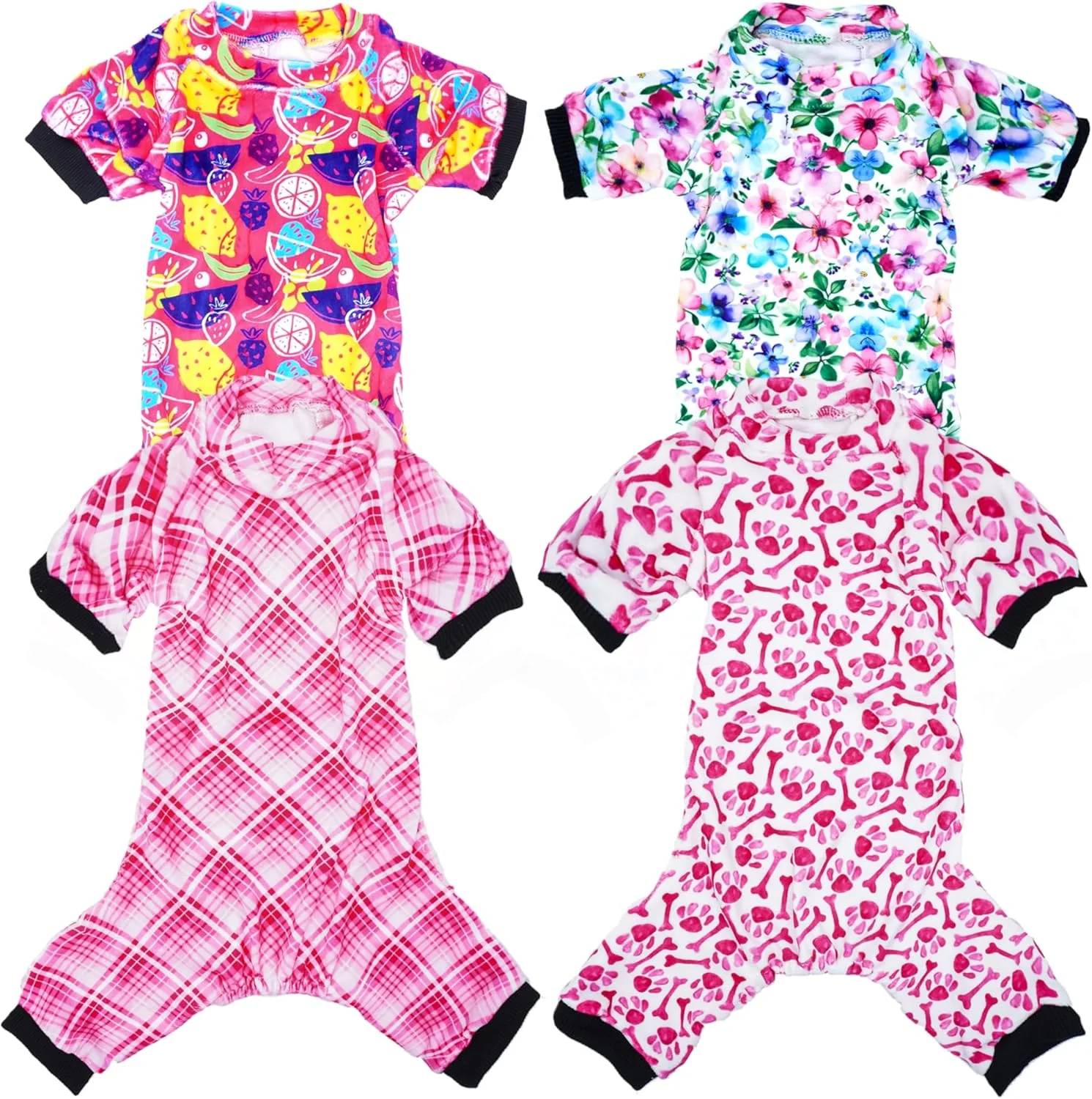Luxury PET SHOW 4 Pack Small Dog Pajamas Cute Paw Bone Clothes for Medium Dogs Soft Stretchy PJs Plaid Jumpsuit Puppy Cats Floral Fruits Onesies Outfits with Sleeve Pets Dachshund Costume M Pink for Girls Quality
