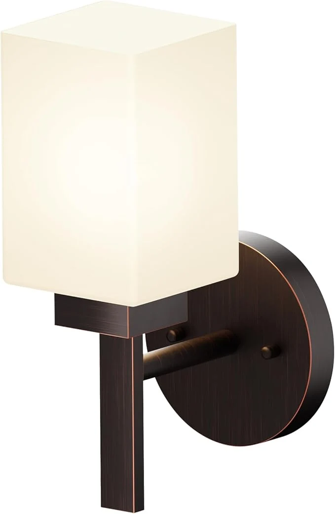 Crafted Wall Light Over Mirror Bathroom Vanity Lighting Fixtures with White Frosted Glass Wall Sconce for Porch Hallway Entrance Oil Rubbed Bronze T002ORB-L1About ThisOverview Solid