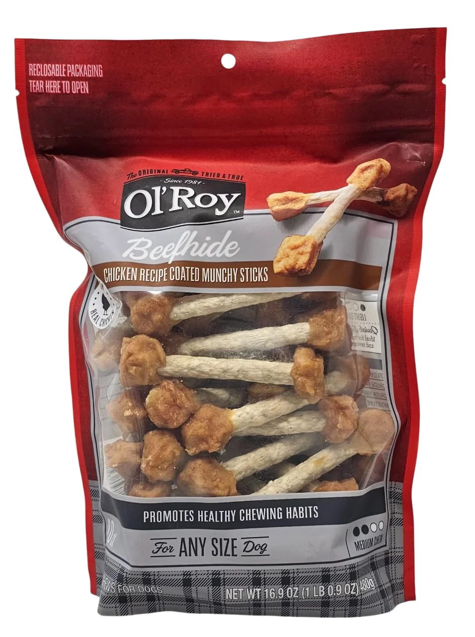 Clean Ol' Roy Beefhide Chicken Coated Munchy Sticks – 40 Count Dog Treats 16.9 oz Quality
