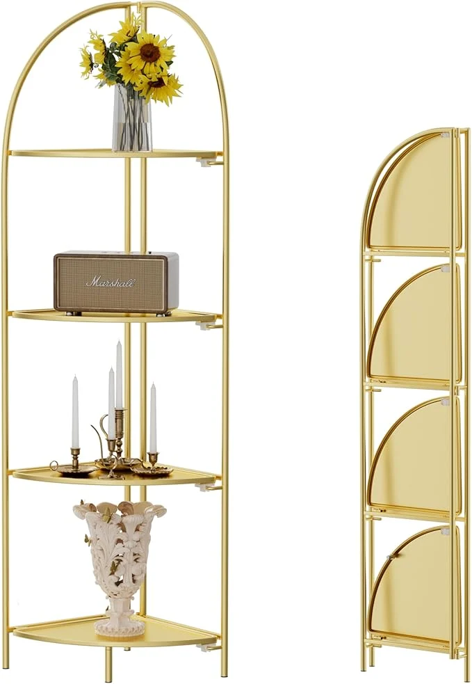 Breathable Crofy Foldable 4 Tier Corner Shelf Metal Corner Plant Stand with Gold Frame and Gold Shelves Corner Display Rack Multipurpose Shelving Unit for Living Room Bedroom BathroomAbout ThisOverview Top-Quality