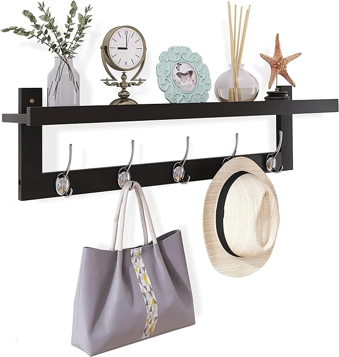 Environmentally Friendly SMIBUY Coat Hooks with Shelf Wall-Mounted 29.2 Inch Entryway Coat Rack for Wall Bamboo Hanging Shelf with 5 Double Metal Hooks for Bathroom Bedroom Kitchen Living Room Mudroom Black Silver About ThisOverview High-End