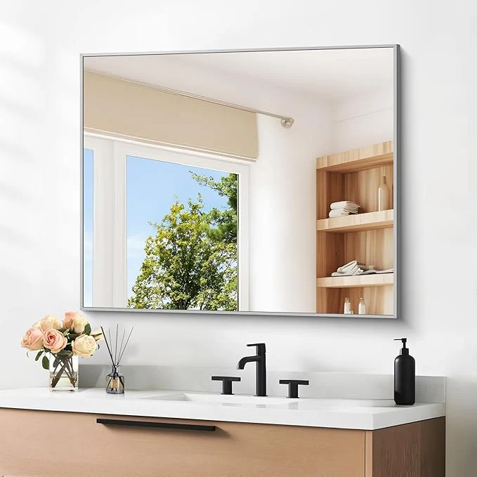 Fine 30 x 36 Bathroom Mirror Silver Rectangle Corner Wall Mirror with Metal Frame Decorative Rectangular Vanity Mirror for Bedroom Bathroom Living Room Entryway Horizontal Vertical About ThisOverview Green