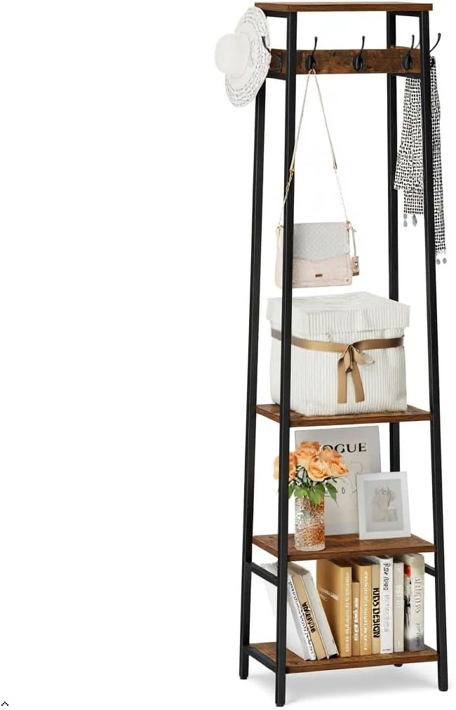 Comfortable Coat Rack standing Coat Stand with 3 Shelves and 7 Hooks Hall Tree Standing Clothes Rack Stand Organizer Industrial Style Rustic Brown and BlackAbout ThisOverview Fast