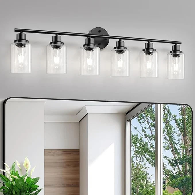 High-Performance 6-Light E26 Black Bathroom Vanity Lights Modern Bathroom Light Fixtures with Clear Glass Shade Wall Lamps for Mirror Hallway Kitchen Cabinet Living Room Sconces LightsAbout ThisOverview High-Quality