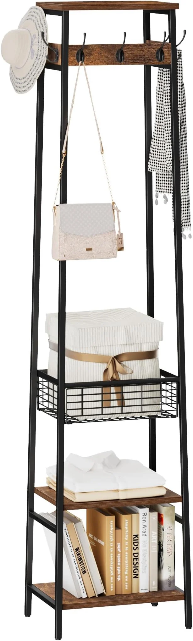 Traditional Coat Rack standing Coat Stand with Metal Basket and Storage Shelves Hall Tree Standing with and 7 Hooks Clothes Rack Stand Organizer Rustic Brown and BlackAbout ThisOverview Natural