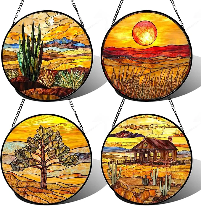 Crafted Stained Glass Window Hanging 4 Pcs Set Desert Sunset Theme Landscape 6.3 - Suncatcher Door Garden Sun Catcher Decor Birthday Christmas for Mom Woman Nana MenAbout This Environmentally Friendly