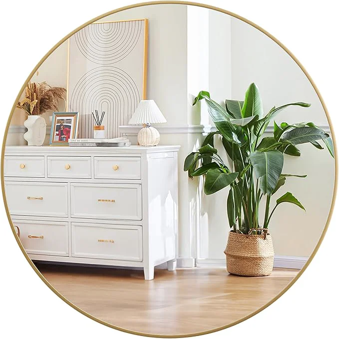 Organic Gold Circle Mirror for Bathroom 24 inch Circle Mirror HD Eco-Friendly Round Bathroom Mirror for Over Sink Matte Gold Metal Framed Wall Mirror for Wall Vanity Living Room Easy to InstallAbout ThisOverview Quality