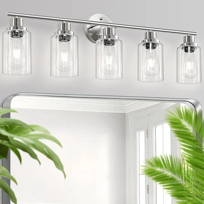Advanced 5-Light Bathroom Vanity Lights E26 Modern Brushed Nickel Bathroom Light Fixtures with Clear Glass Shade Mirror Kitchen Hallway Cabinet Living Room Sconces Wall LightsAbout ThisOverview Sophisticated