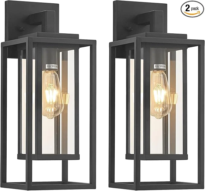 Smart 18 Outdoor Wall Light Fixtures Waterproofed Exterior Lantern W Sturdy Rectangular Double Cage In Satin Black Clear Tempered Glass Sconce Mounted For House Patio Front door Porch Garage Lighting 2PackAbout ThisOverview Soft